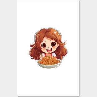 Cute Girl Eating Spaghetti Posters and Art